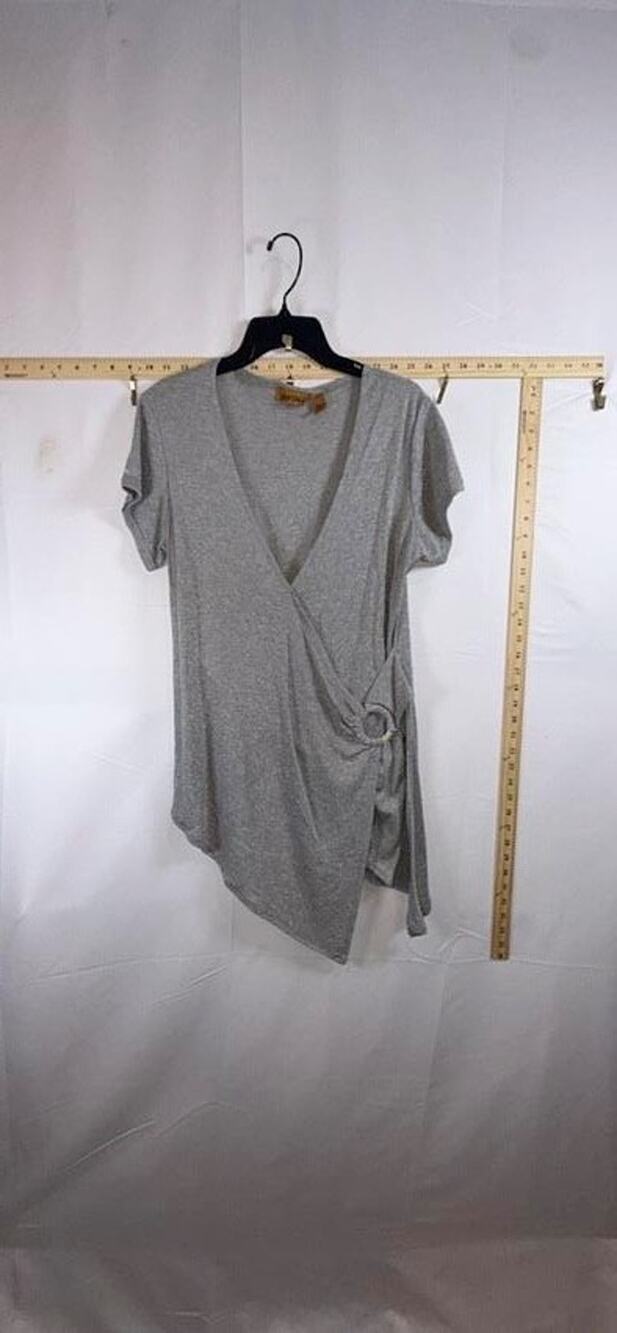 Vtg Gold Flava Womens 14 Shimmer Top Grey Metallic Lurex Wrap Asymmetric Buckle